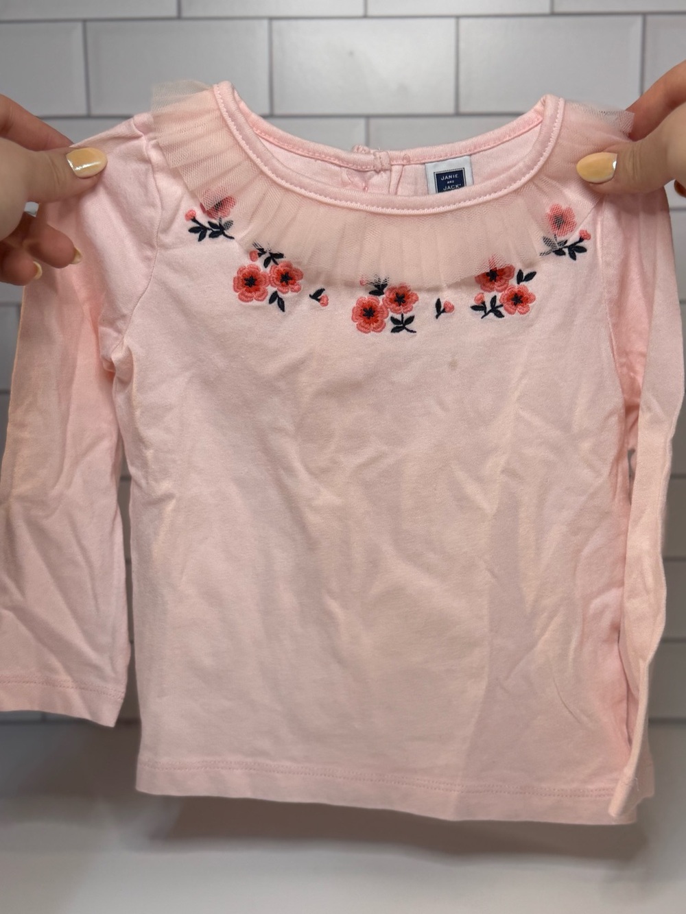 Janie and Jack Pink Long-Sleeve Top with Coral Floral Embroidery